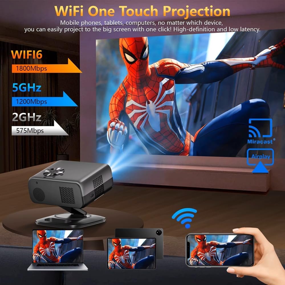Projektor 800ANSI Android 12 Native 1080P 4K 3D Autofokus/Keystone HiFi-Audio WiFi6 BT5.2 Smart Home