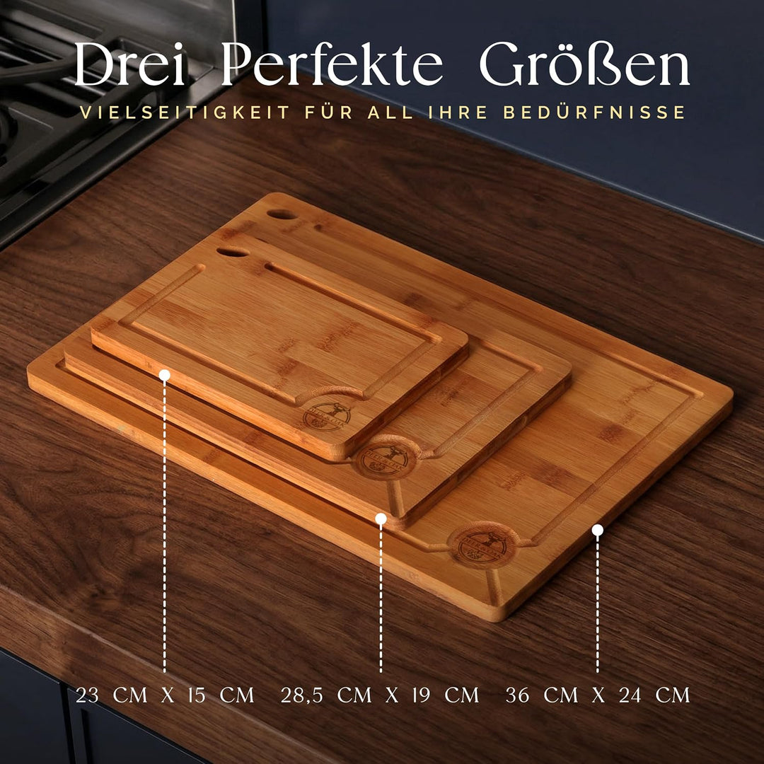 Deer &amp; Oak Schneidebrett-Set 3-teilig, karbonisierter Bambus vorgeölt | Mit Aufhängeloch · bei 260 °