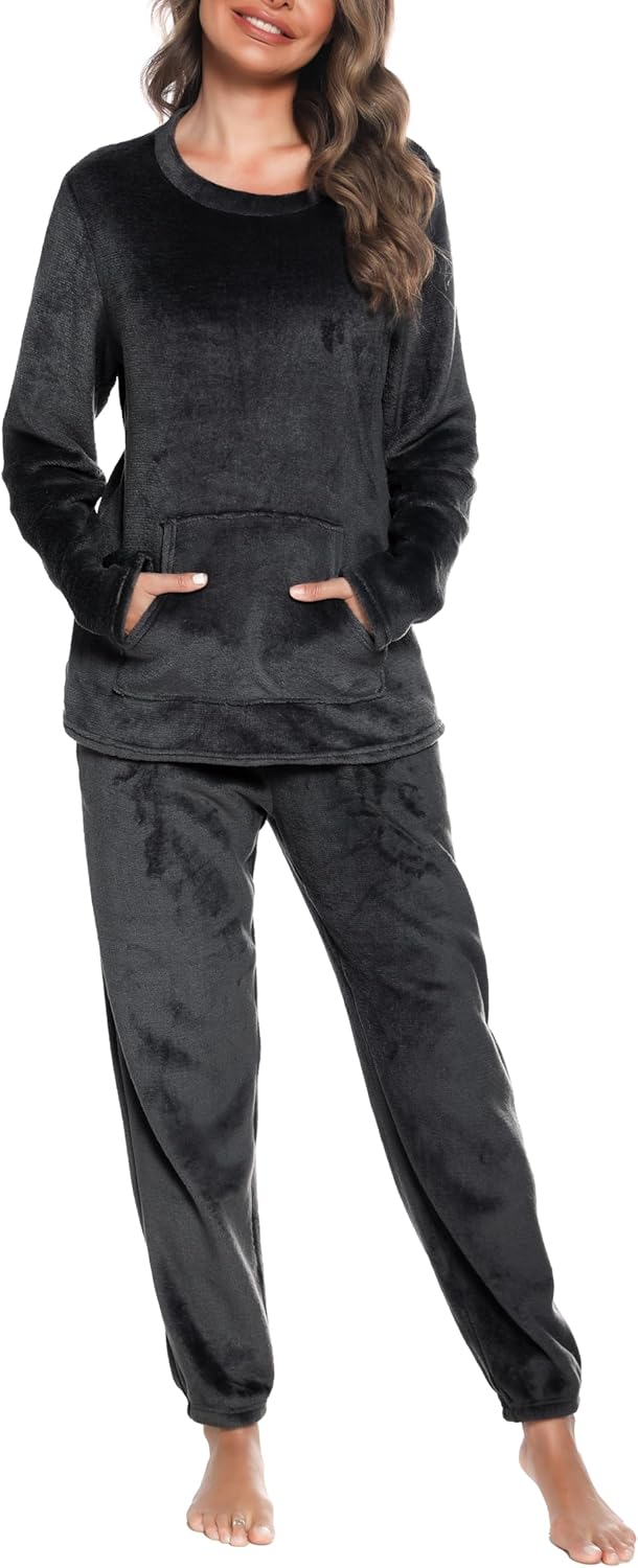 Lovasy Fleece Schlafanzug Damen Lang Winter Warmer Pyjama Set Flauschiger Frottee Schlafanzüge für D