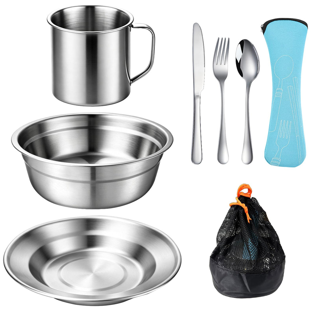 Campingbesteck Set 1 Person, Camping Geschirr Set Edelstahl mit Schalen Teller Tassen Gabeln Löffel