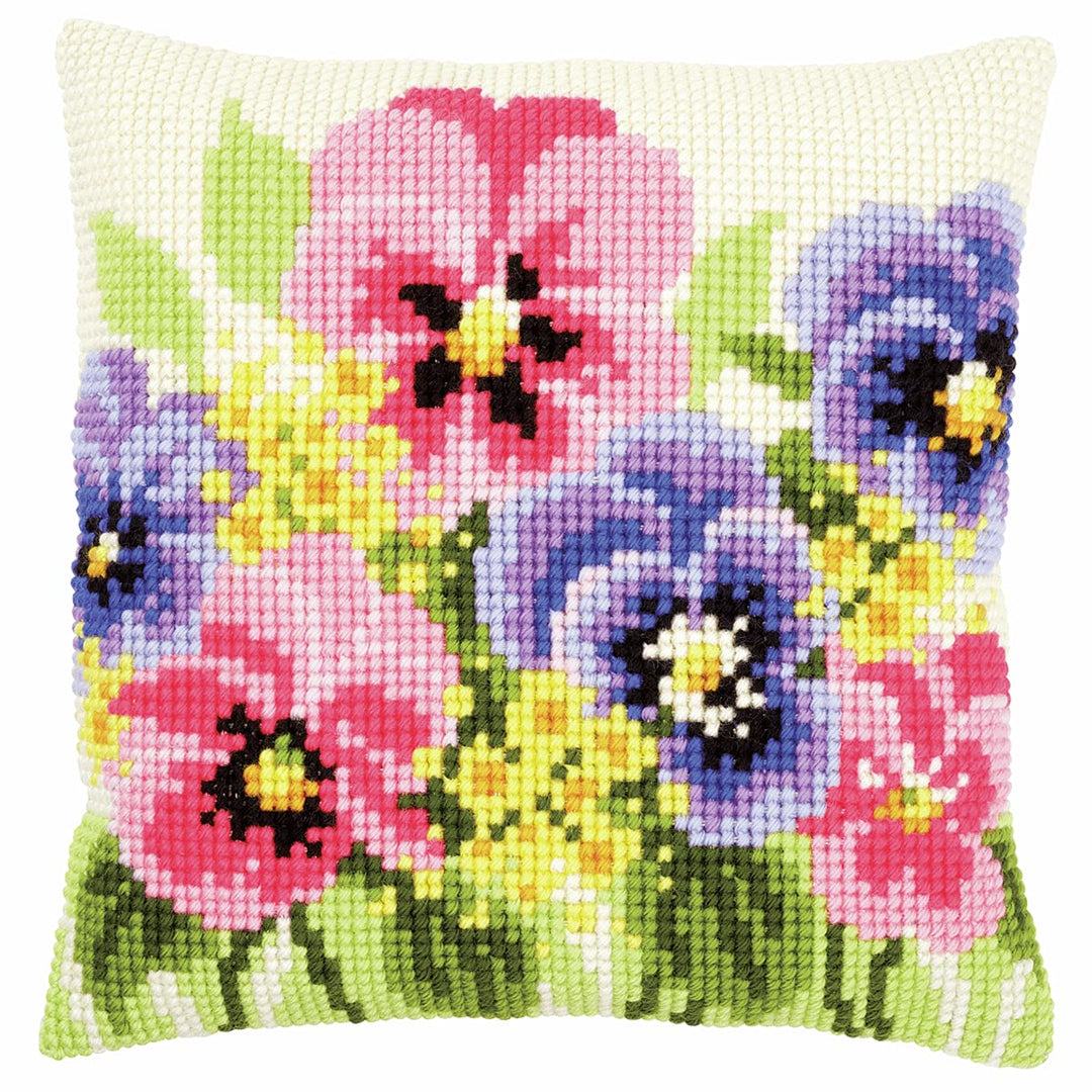Vervaco PN-0166935 Kreuzstichkissen Stiefmütterchen Kreuzstichset, Baumwolle, mehrfarbig, 40 x 40 cm