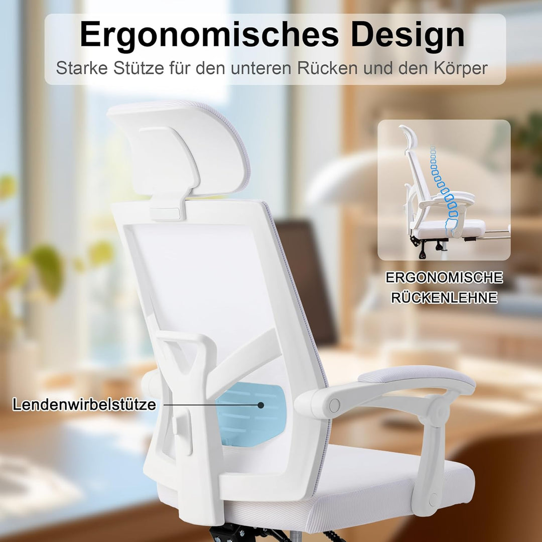 UEV Ergonomisch Bürostuhl aus Mesh, Schreibtischstuhl mit Fussstütze, Weiss | Drehstuhl mit verstell