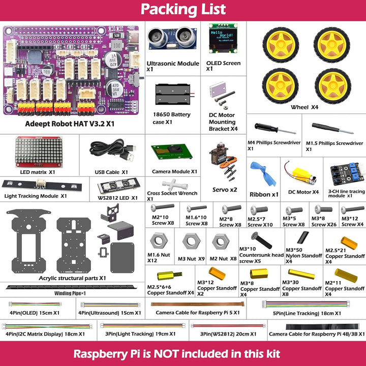 Adeept 4WD Smart Car Kit für Raspberry Pi 5/4B/3B/3B+ (Board nicht im Lieferumfang enthalten), Linie