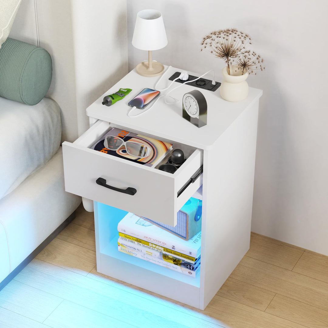 Nachttisch mit Ladestation und LED-Beleuchtung, Nachttische mit Verstellbarer LED-Beleuchtung, Nacht