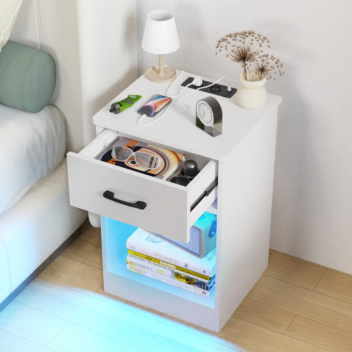 Nachttisch mit Ladestation und LED-Beleuchtung, Nachttische mit Verstellbarer LED-Beleuchtung, Nacht