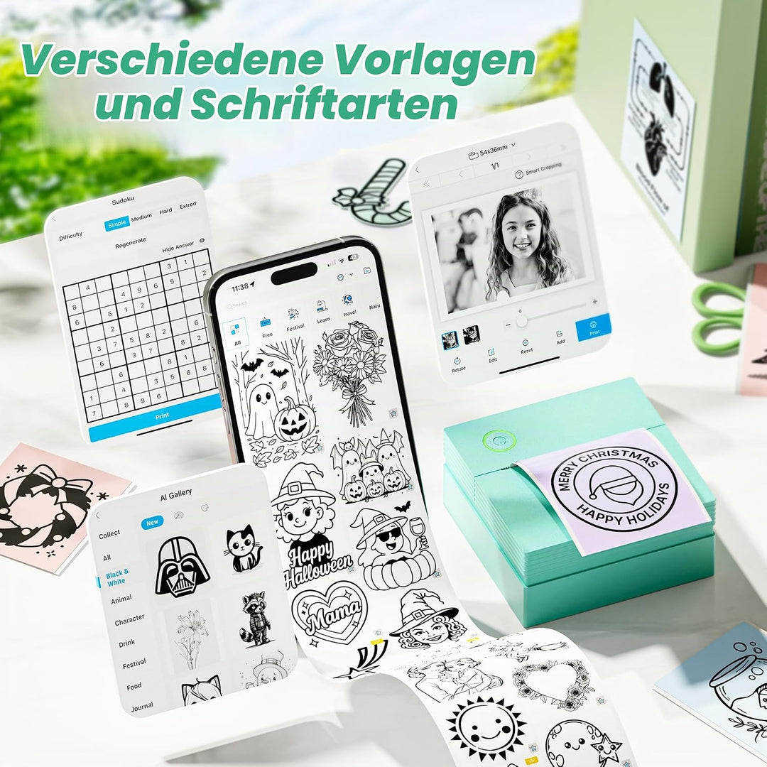 Sticker Drucker, PM290 Mini Drucker für Smartphone, Bluetooth Thermodrucker Mini mit 3 Rollen Papier