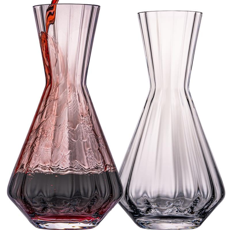 Weindekanter 1200ml 2er Set – handgefertigte Karaffe aus Crystalline Glas mit gewellter Optik – Rotw