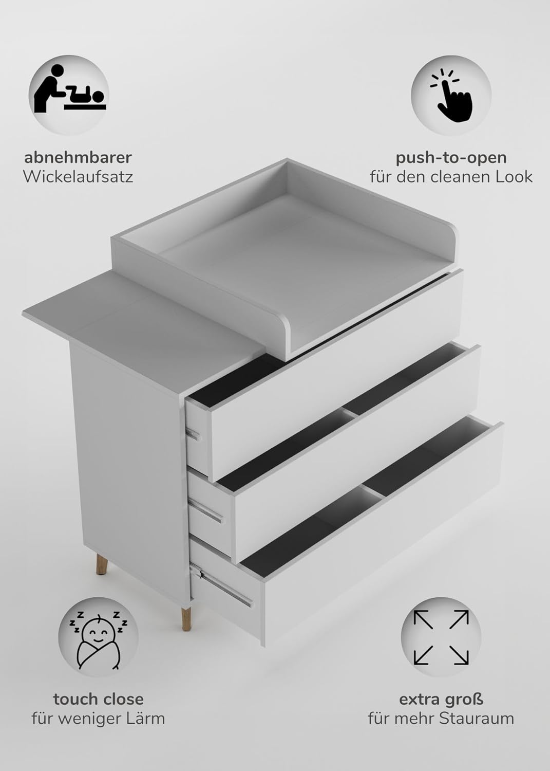 Sämann Wickelkommode EDEN – Push-to-Open, Touch-Close, abnehmbarer Wickelaufsatz & Schubladen mit Fä