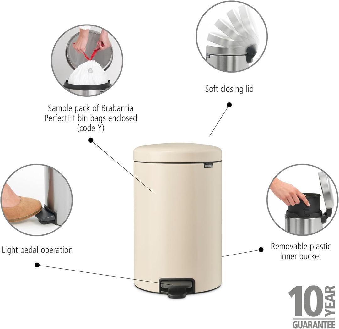 Brabantia - NewIcon Treteimer 20L - Medium Abfalleimer für Küche oder Schlafzimmer - Sanft Schliesse
