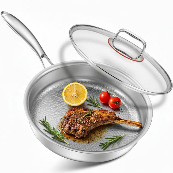 Titan Pfanne mit Deckel, Edelstahlpfanne 28cm, 18/10 Edelstahl Bratpfanne unbeschichtet ohne PFOA &amp;P