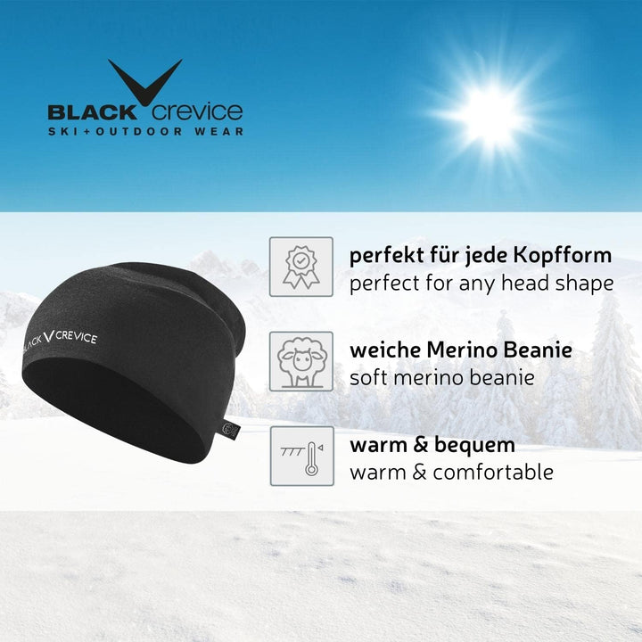Black Crevice Merino Beanie I Stylische One Size Mütze I Hochwertige Unisex-Wintermütze aus 70% Meri