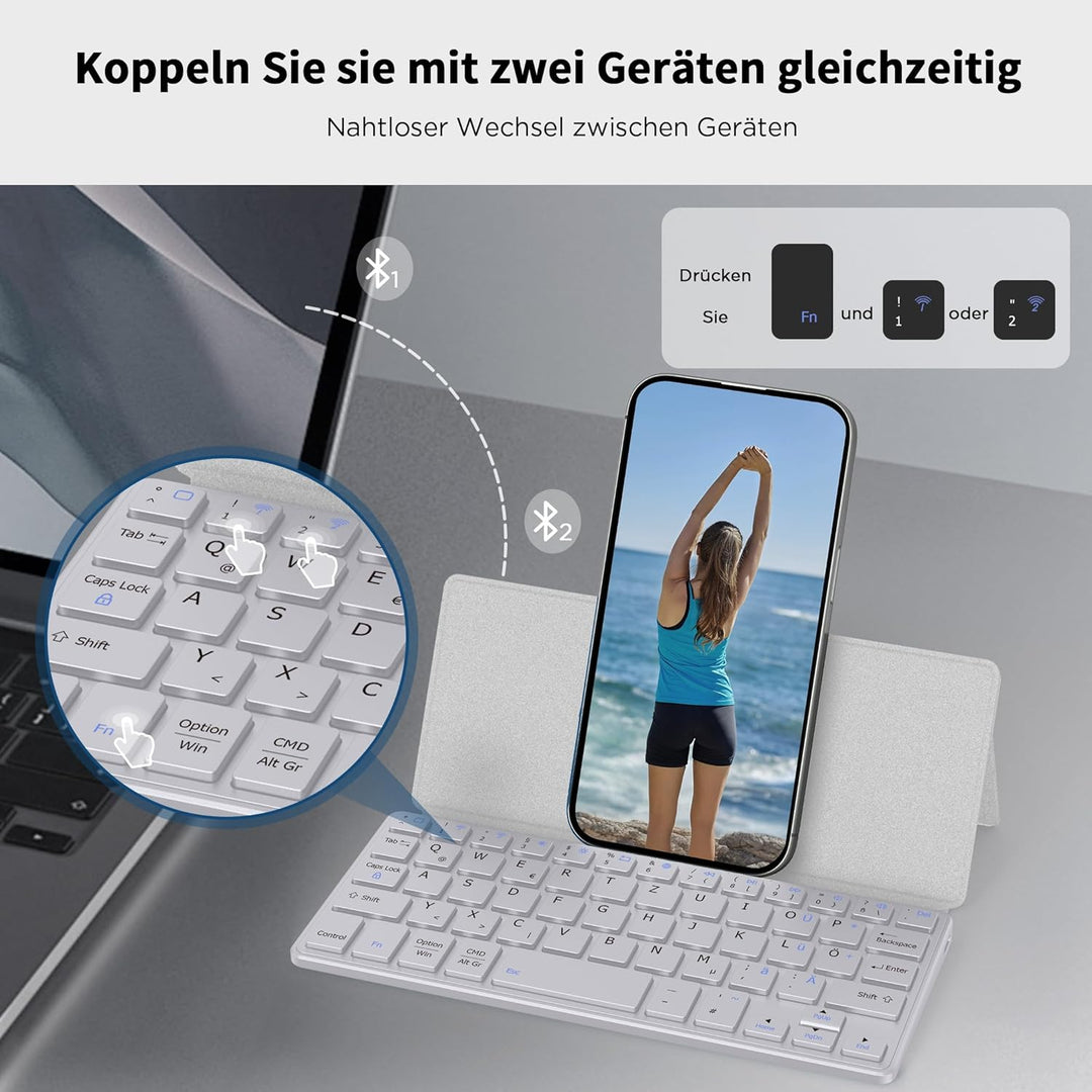 CACOE Mini Bluetooth Tastatur mit Ständer für Handy, Ultraflache Tragbare, Faltbare, Dual-Channel Ta