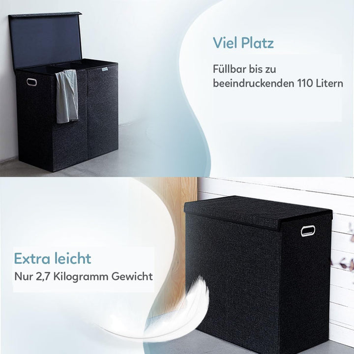 Wäschekorb – 3 Fächer mit Deckel – Faltbar – Wäschekorb – Doppelwäschekorb – Wäschekorb – Wäschebox