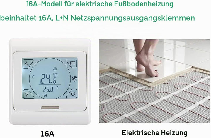 Wengart Digital Raumthermostat mit Touchscreen für elektrische Heizungen WG809,Unterputz Montage Woc