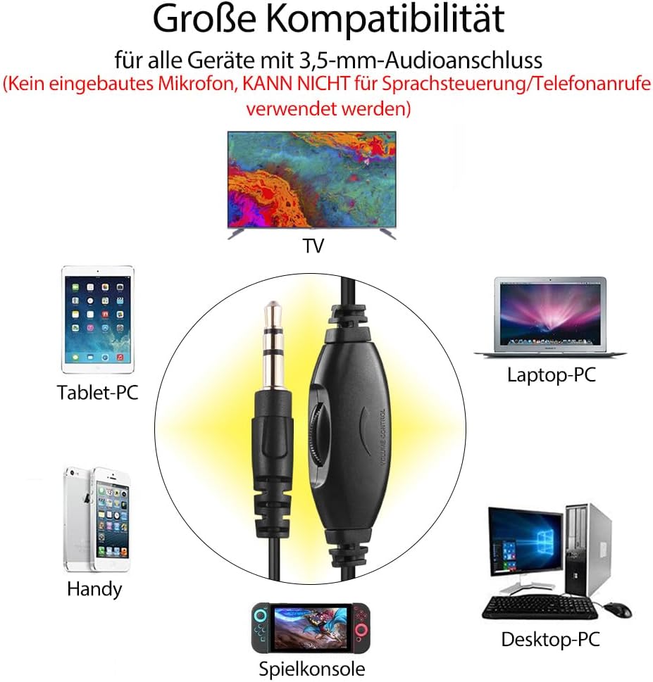 Extra lange Kabel-Kopfhörer für TV und PC mit Lautstärkeregler, 5,5 m Verlängerungsfeder, Spiralkabe