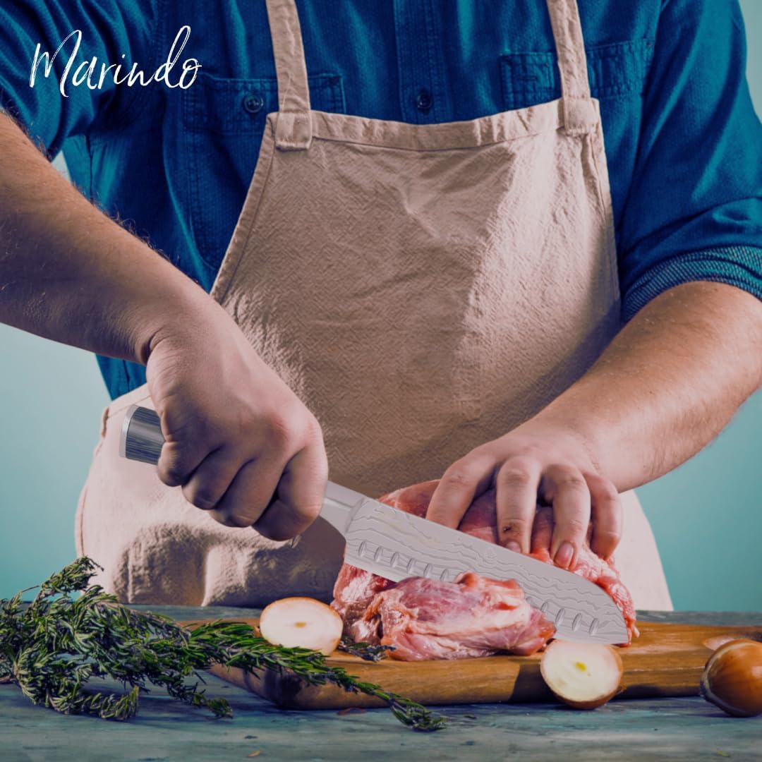 Marindo® Santoku Messer Edelstahl 17,8 cm Klinge | japanisches Küchenmesser mit Damastmesser Optik &