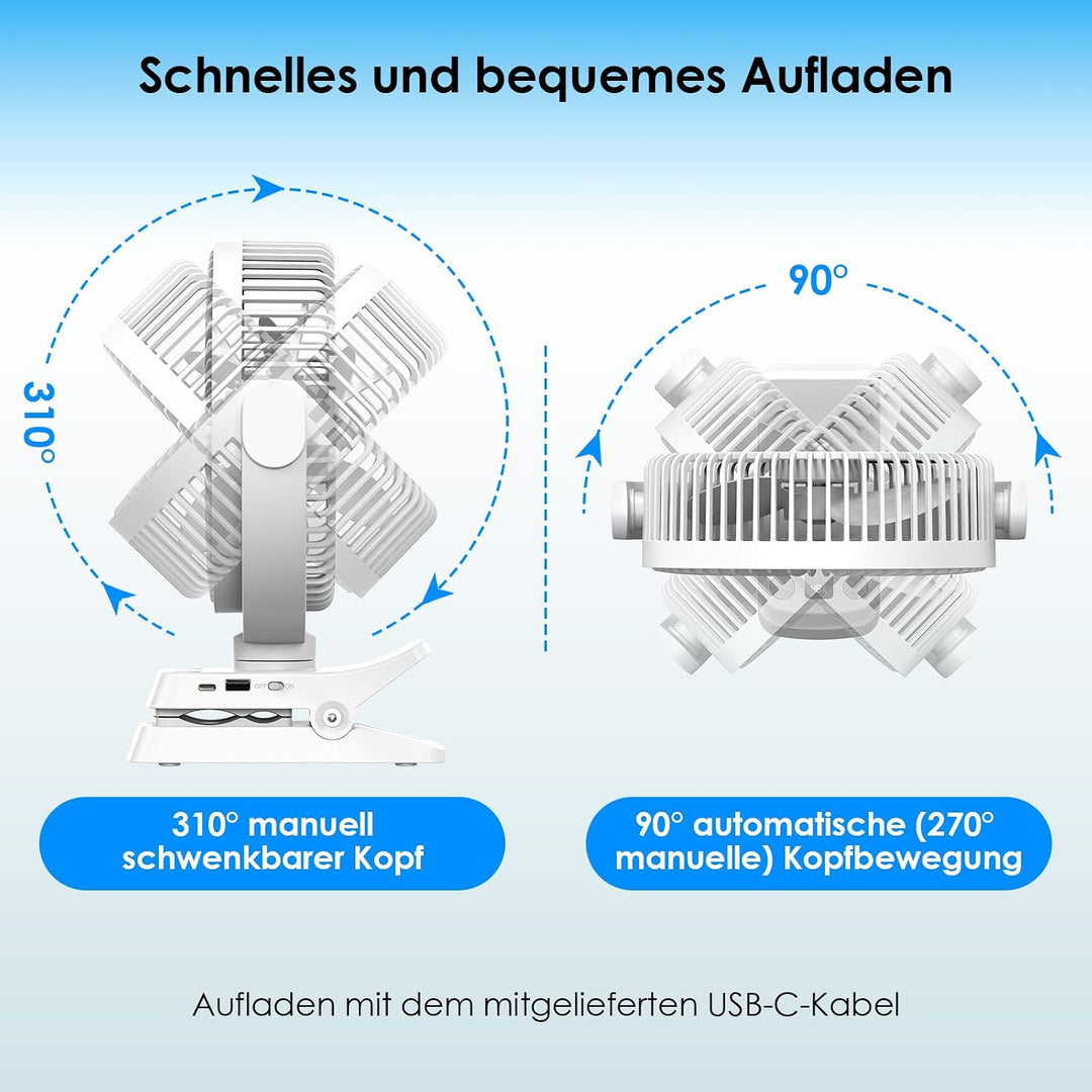 Minthouz 12000mAh Clip Ventilator, 20 cm (8 Zoll USB Tischventilator, 5 Stufen, 29 Stunden Laufzeit,