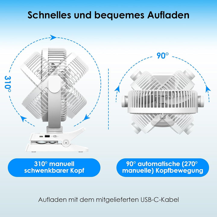 Minthouz 12000mAh Clip Ventilator, 20 cm (8 Zoll USB Tischventilator, 5 Stufen, 29 Stunden Laufzeit,