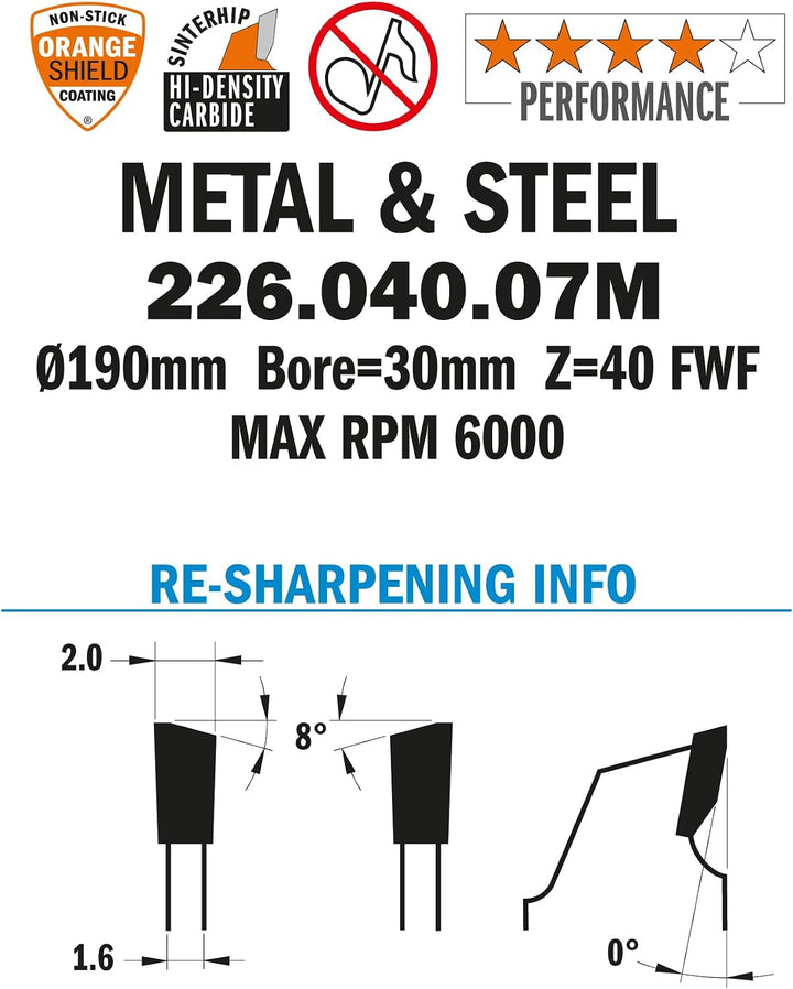CMT Orange Tools 226.040.07 M – für Metalle Kreissägeblatt 190 x 2 x 30 Z 40 FWF 8 Grad