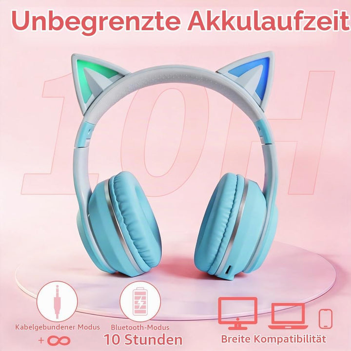 Kinder Bluetooth Kopfhörer, Katzenohr LED Lichter, Bluetooth 5.3 Stereo, Verstellbares Kopfband, 85d