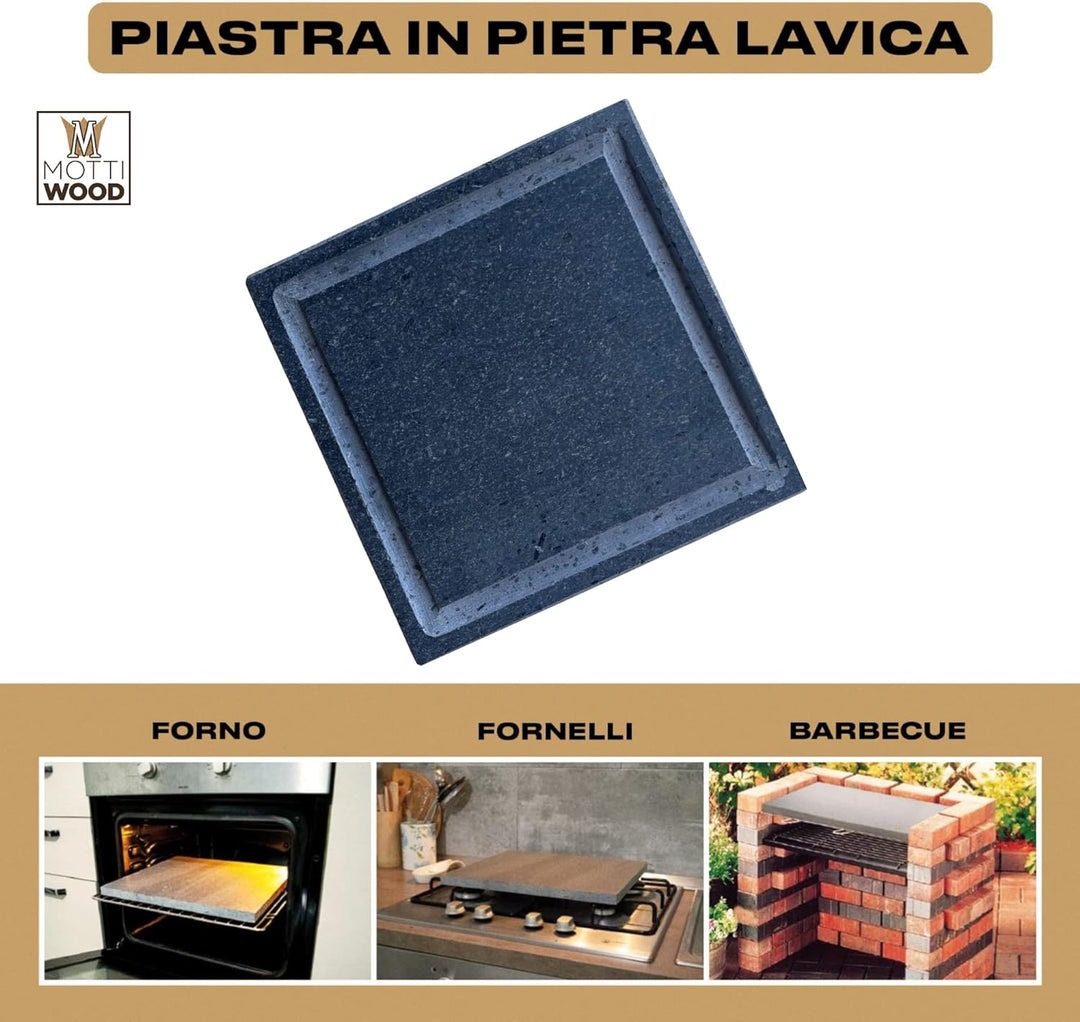 Mottiwood, Sizilianische Lavastein mit Abfluss, quadratisch 25 x 25 cm, Schamotte Platte zum Kochen