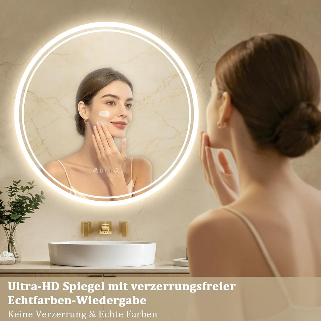 Spiegel Rund mit Beleuchtung 50cm: Badezimmerspiegel Badspiegel mit Uhr, Beschlagfrei, Touch Schalte