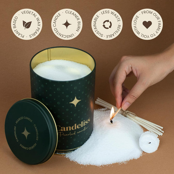 CANDELISS Kerzensand mit Docht Set in luxuriöser Metalldose. Kerzen sand perlenkerzen Pearled candle