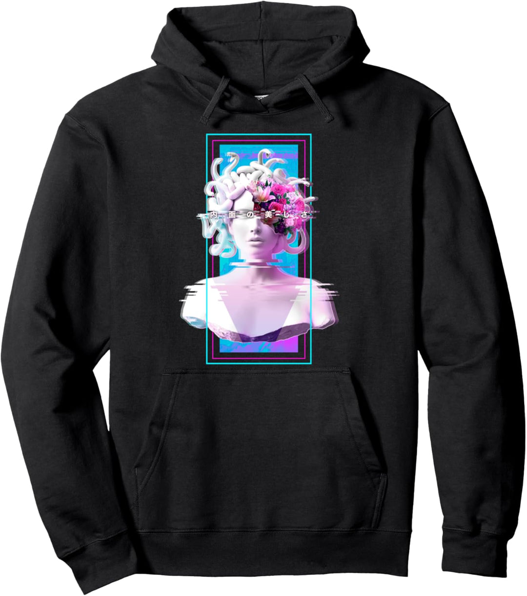 Vaporwave Medusa Statue Ästhetische Kunst Glitch Japanische Otaku Pullover Hoodie
