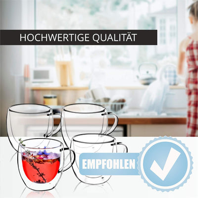 KADAX doppelwandige Glas Tasse, 250 ml, Glas mit breitem Griff, Trinkglas für Saft, Tee, Kaffee, Cap