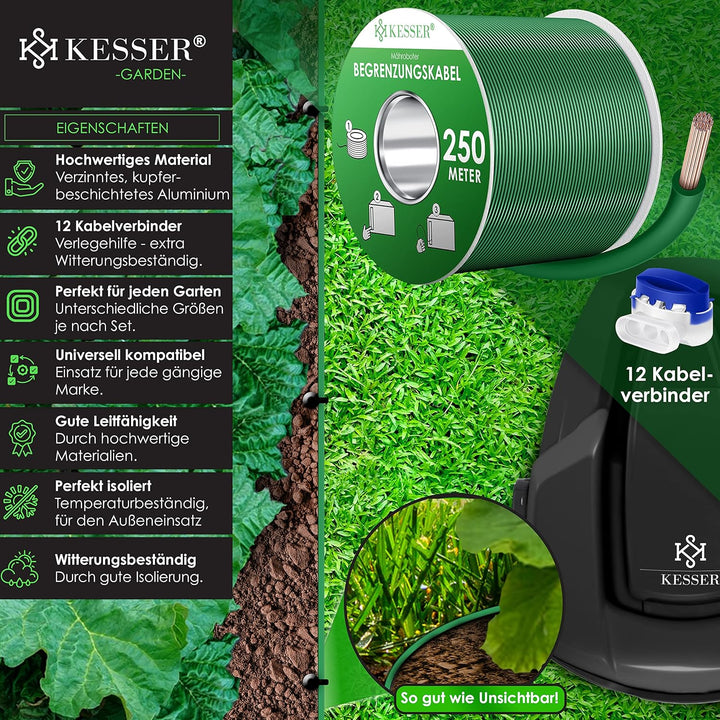 KESSER® Begrenzungskabel 250m + 12 Kabelverbinder für Mähroboter Rasenmäher Rasenroboter Zubehör Set