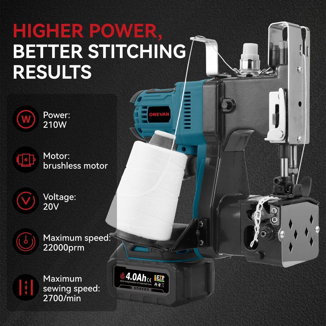 ONEVAN Elektrische Sacknähmaschine–210W Kupfermotor, Akku Nähmaschinen für Gewebesack, Jutesack & Kr