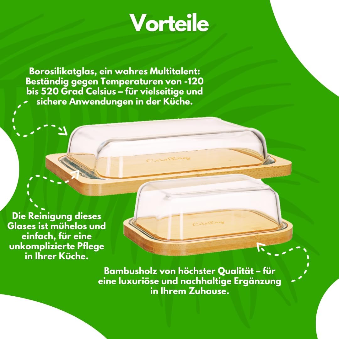 CeleBig® Butterdose-Set | Umweltfreundlicher und nachhaltiger Bambus | Hochwertiger Glasdeckel | Hoc