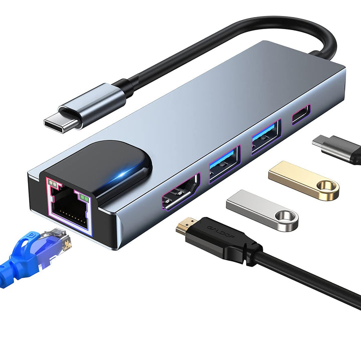 USB C Hub Multiport Adapter, 5 in 1 USB C Docking Station mit 4K HDMI, RJ45 Ethernet, USB3.0, 100W P