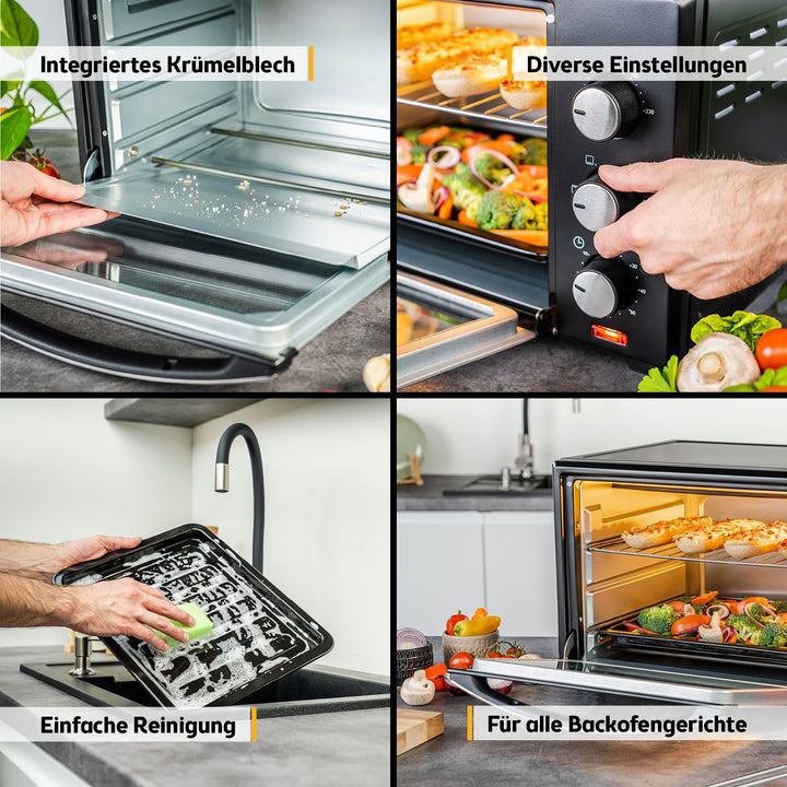 TZS First Austria - 30 Liter Minibackofen mit 1600 Watt schwarz| Unter-Oberhitze bis 230 Grad stufen