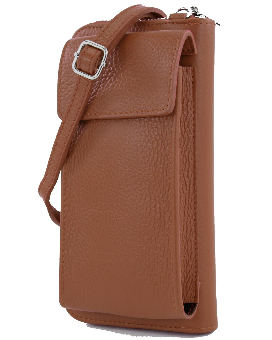 modamoda de - P06 - ital. Damen Umhängetasche Geldbörse Handytasche Leder Cognac, Cognac