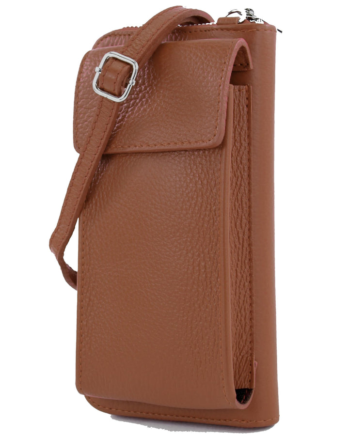 modamoda de - P06 - ital. Damen Umhängetasche Geldbörse Handytasche Leder Cognac, Cognac