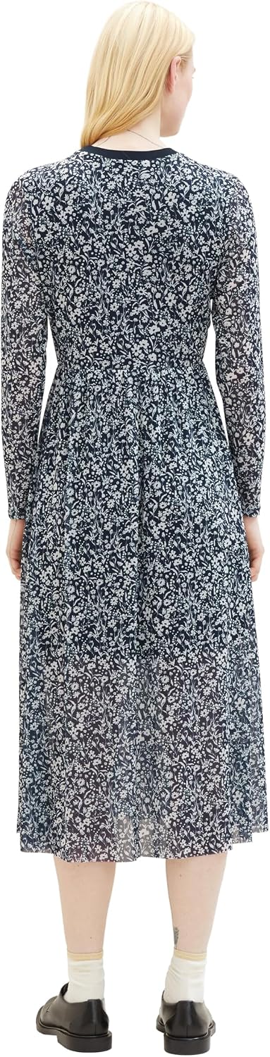 Tom Tailor Denim Damen Mesh Kleid mit Muster XS 16355-blue Flower Print, XS 16355-blue Flower Print