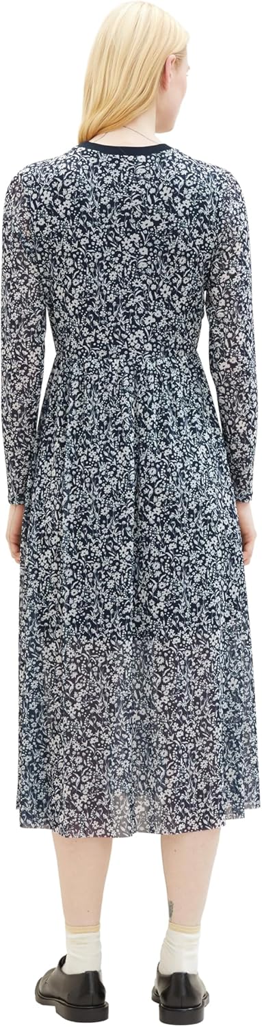 Tom Tailor Denim Damen Mesh Kleid mit Muster XS 16355-blue Flower Print, XS 16355-blue Flower Print
