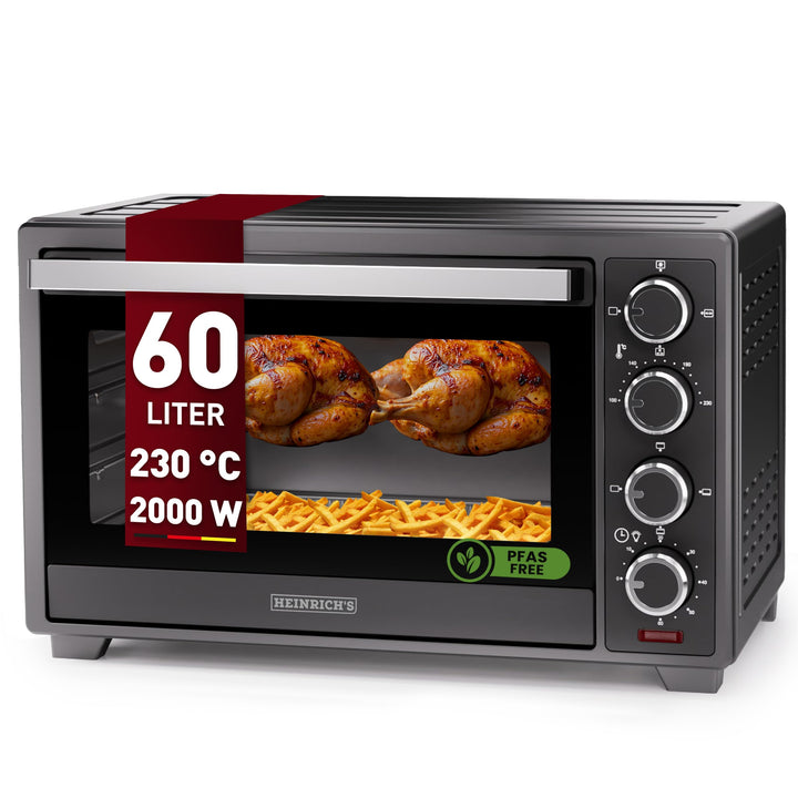 Heinrich´s Minibackofen mit Umluft 60L - Backofen klein mit Drehspiess, Airfryer-Einsatz inkl. Timer
