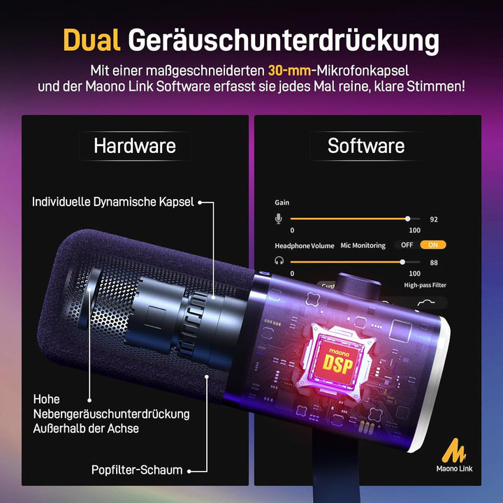 MAONO XLR-USB Streaming Mikrofon mit Arm: Dynamisches Mikrofon mit Software, Stummschalttaste, Gain-