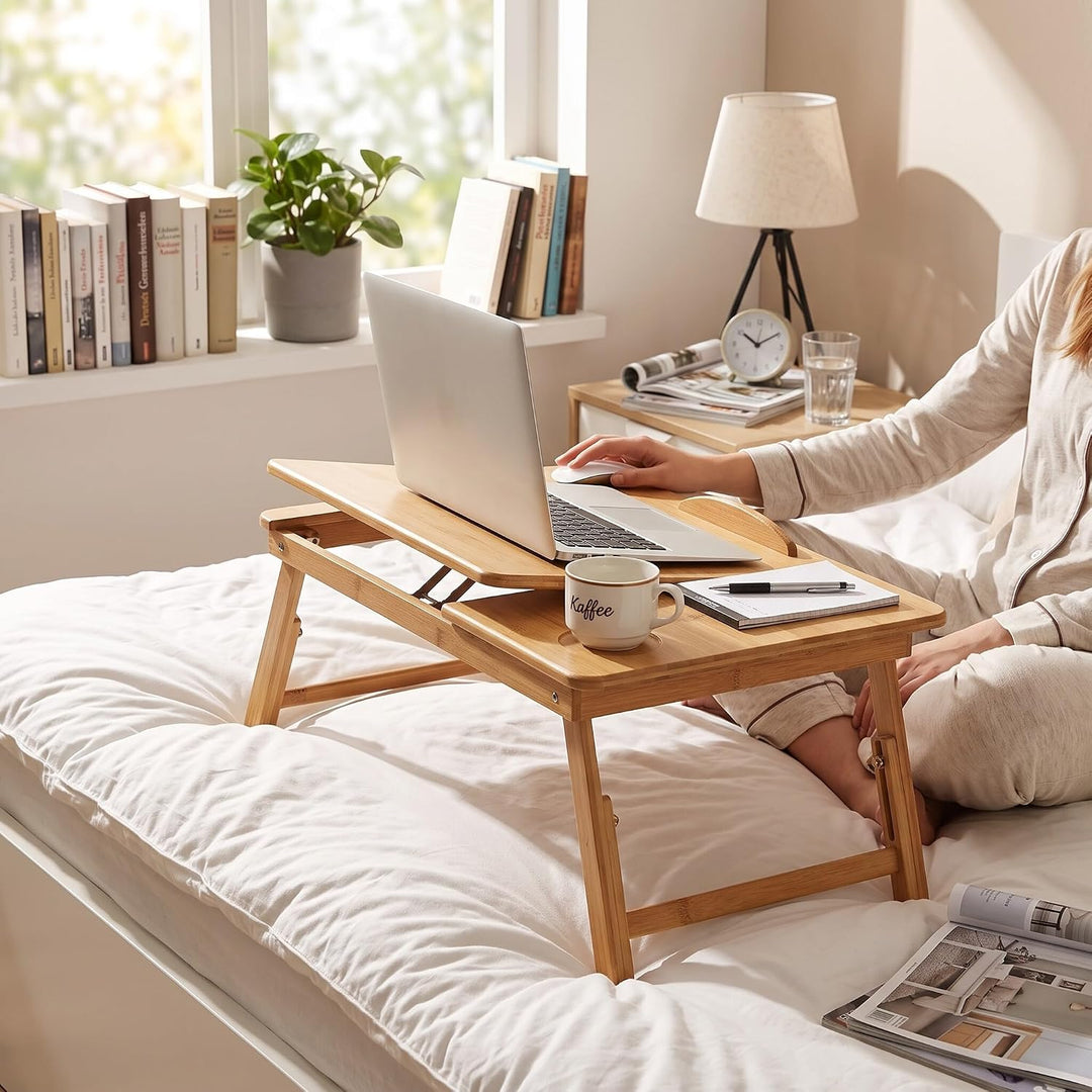 Laptoptisch als Tabletttisch fürs Bett oder Sofa aus Holz, Höhenverstellbarer Laptoptisch mit Schubl