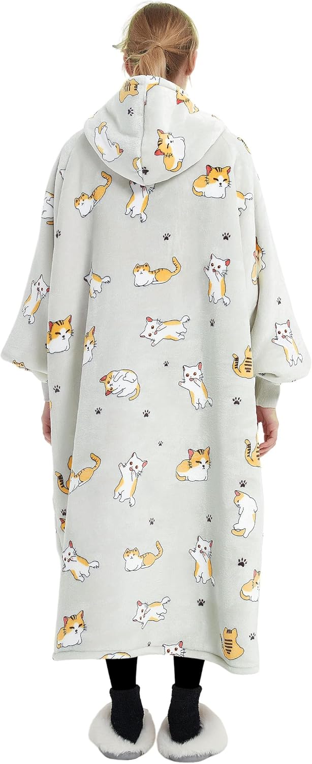 KFUBUO Tragbare Decke Hoodie für Erwachsene Sherpa Alle Muster Katze Übergrosse Sweatshirt Decke mit