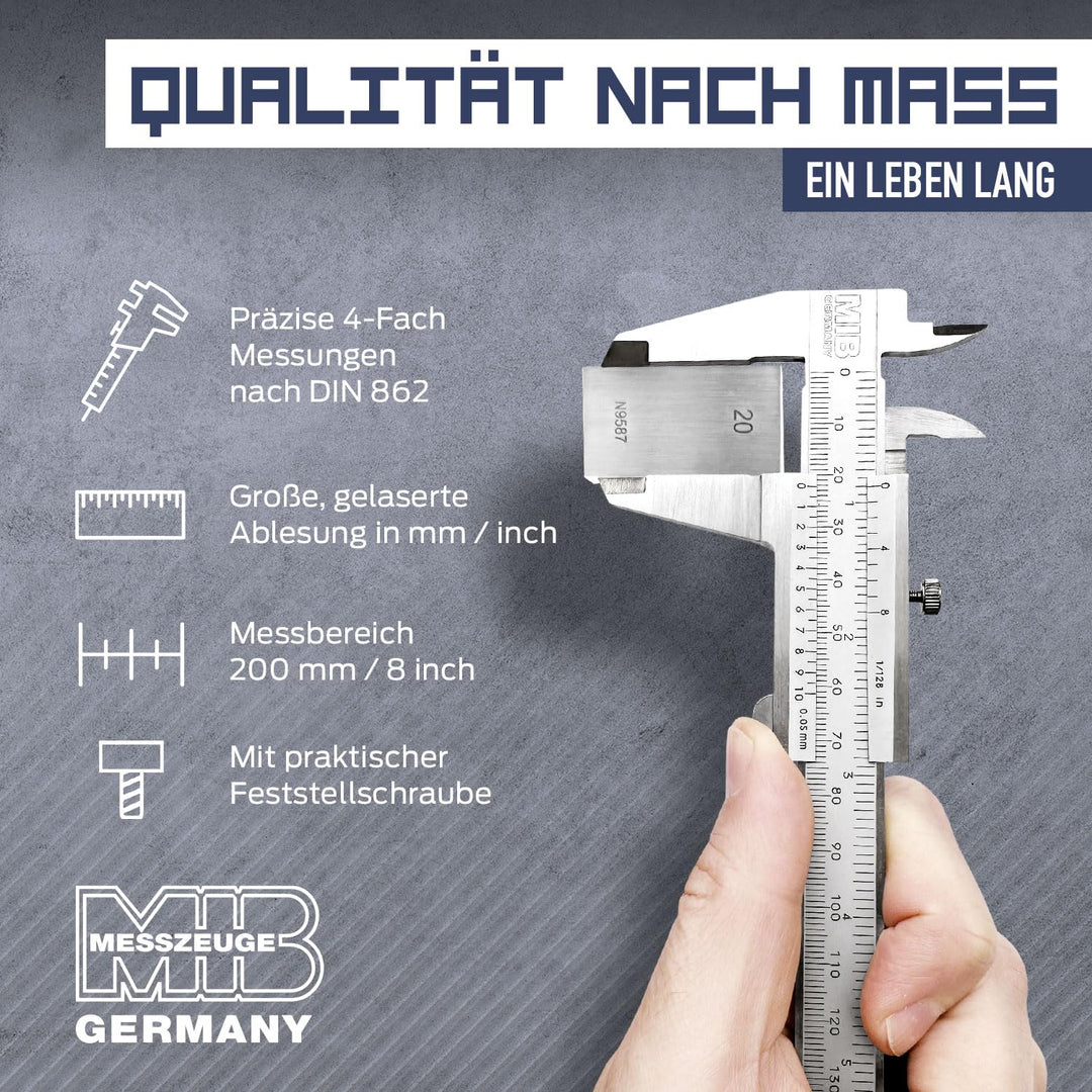 MIB Messschieber mit Feststellschraube DIN 862 200mm | Schieblehre rostfreier Stahl | Analog Messsch