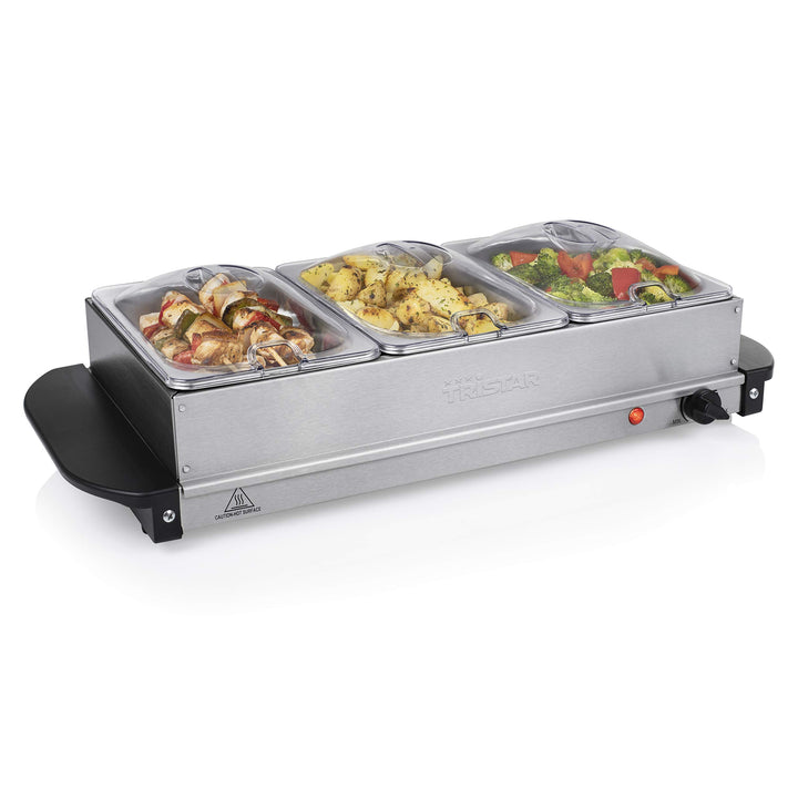 Tristar Edelstahl Buffetwärmer - einstellbares Thermostat, 3 x 1,5l Buffetbehälter, als Heizplatte v