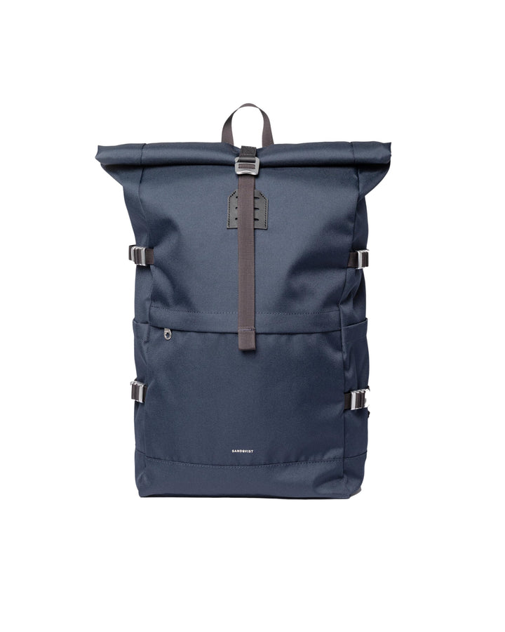 Sandqvist Icon Rolltop Backpack L Backpack Navy With Black Leather, Navy With Black Leather