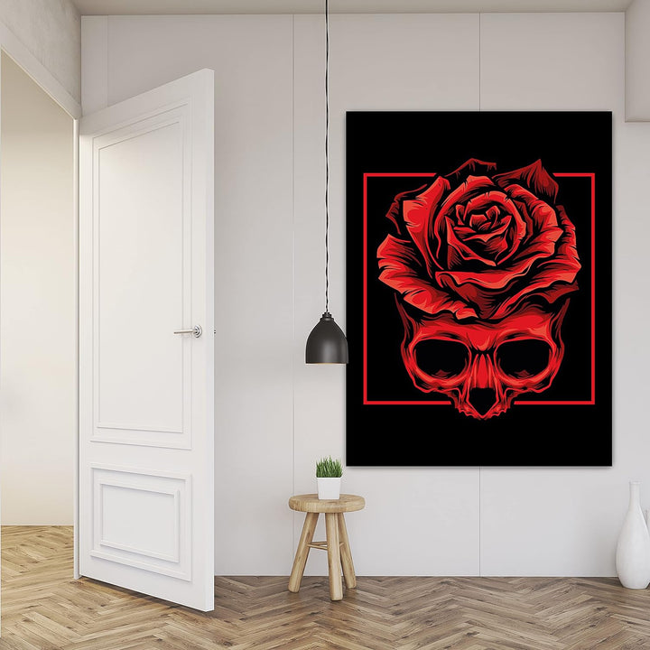 wandmotiv24 Totenkopf Wandbild aus Acrylglas, Grösse 80x60cm, Hochformat, Schädel mit Rose & Rechtec