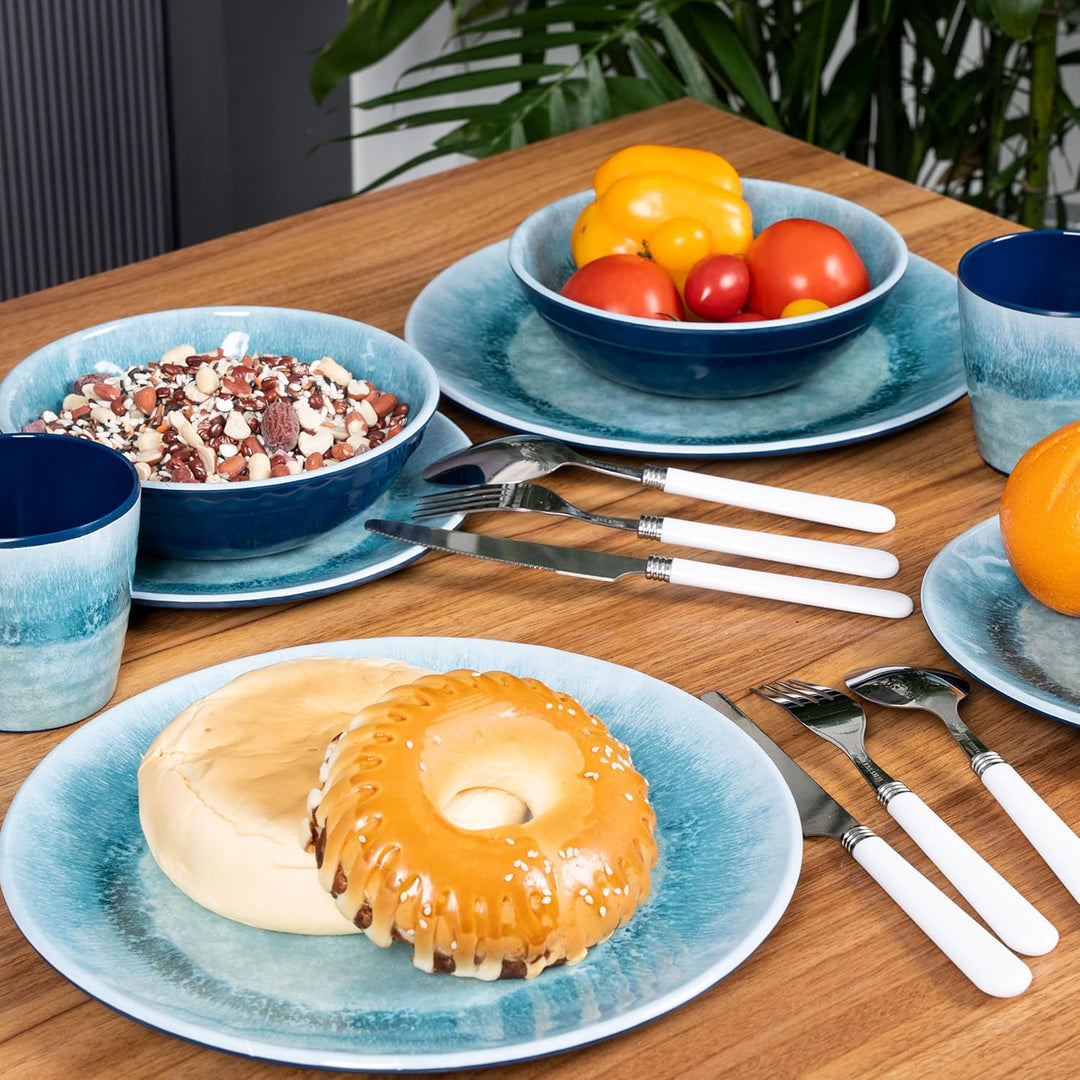 Melamin Geschirr Set Adria Blue 6 Personen Blau Wohnwagen Camping Picknick 24 Teile - Tassen, 24 Tei
