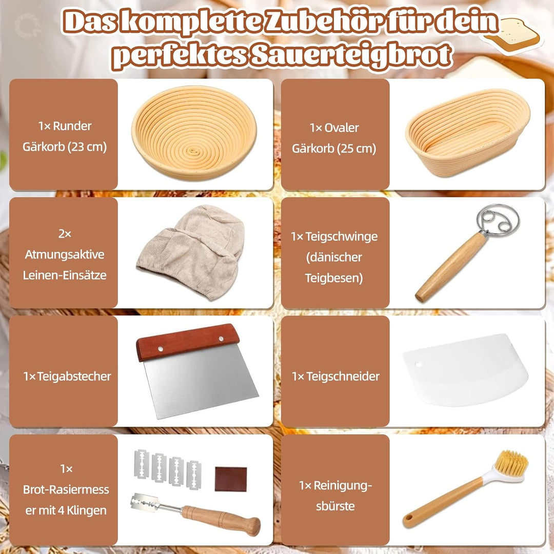 Sauerteig Starter Set, Gärkörbchen – 23cm Rund & 25cm Oval Brotkörbchen, Gärkorb Brot Aus Rattan Gef