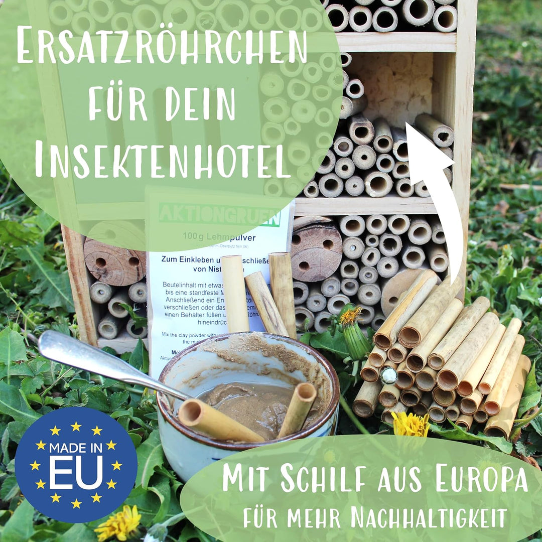 Reparaturset - Schilfröhrchen für Insektenhotels inkl. Lehmpulver, ca. 100 Stück, Länge 8 cm, Durchm