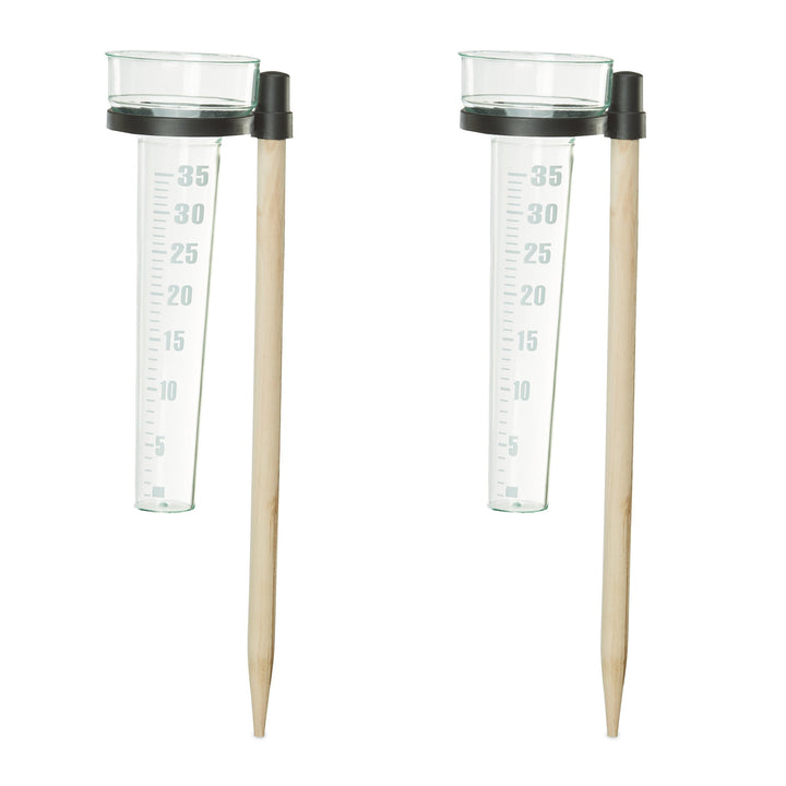 Relaxdays Regenmesser 2er Set, mit Stab, Niederschlagsmesser Garten, Skala 35mm/m², Kunststoff & Hol